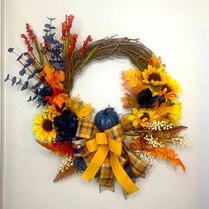 Sunflower Autumn Twig Wreath with orange and blue.